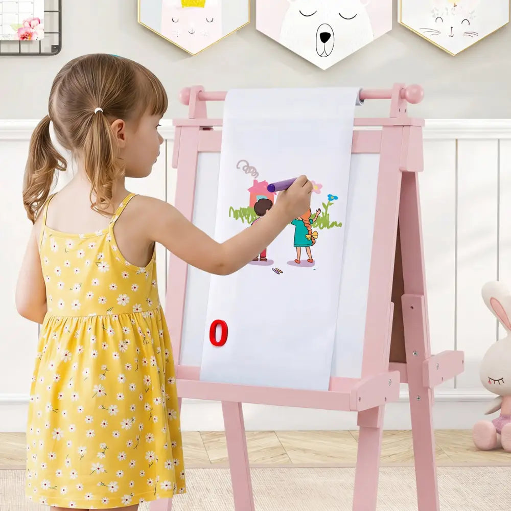 3-in-1 Double-sided Art Easel with Chalkboard and Magnetic Whiteboard-Pink - Pink - Art Easels