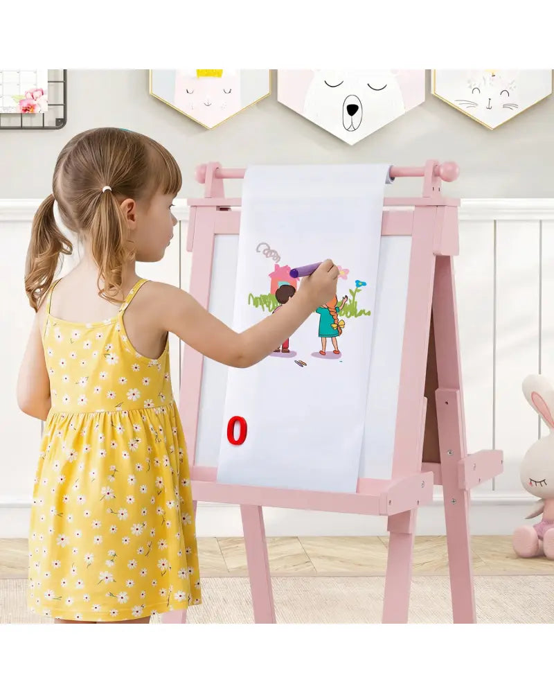 3-in-1 Double-sided Art Easel with Chalkboard and Magnetic Whiteboard-Pink - Pink - Art Easels
