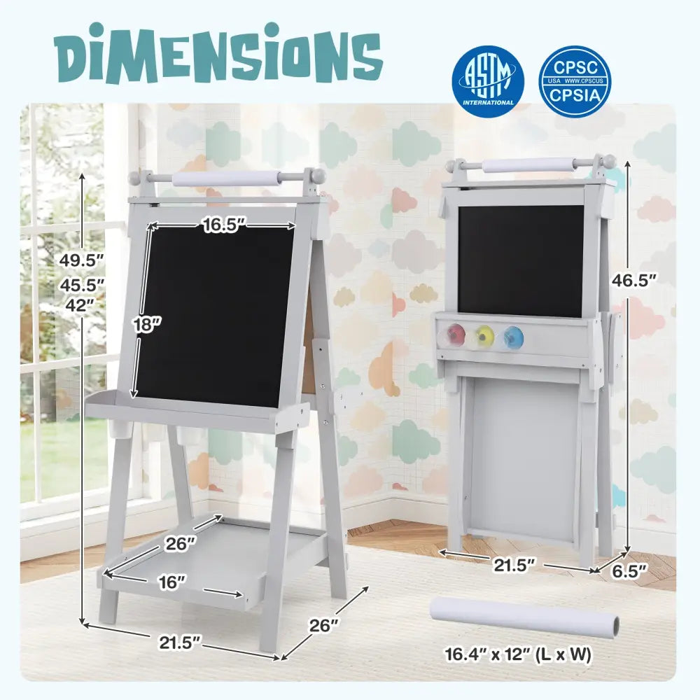 3-in-1 Double-sided Art Easel with Chalkboard and Magnetic Whiteboard-Gray - Gray - Art Easels