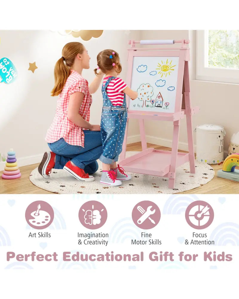3-in-1 Double-sided Art Easel with Chalkboard and Magnetic Whiteboard-Pink - Pink - Art Easels
