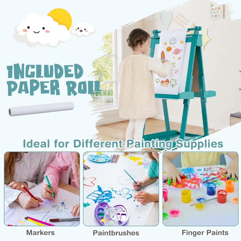 3-in-1 Double-sided Art Easel with Chalkboard and Magnetic Whiteboard-Green - Green - Art Easels
