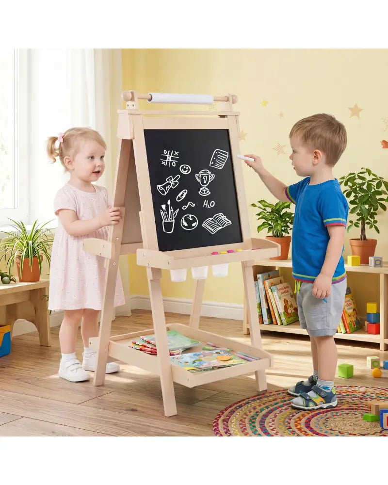 3-in-1 Double-sided Art Easel with Chalkboard and Magnetic Whiteboard-Natrual - Natural - Art Easels