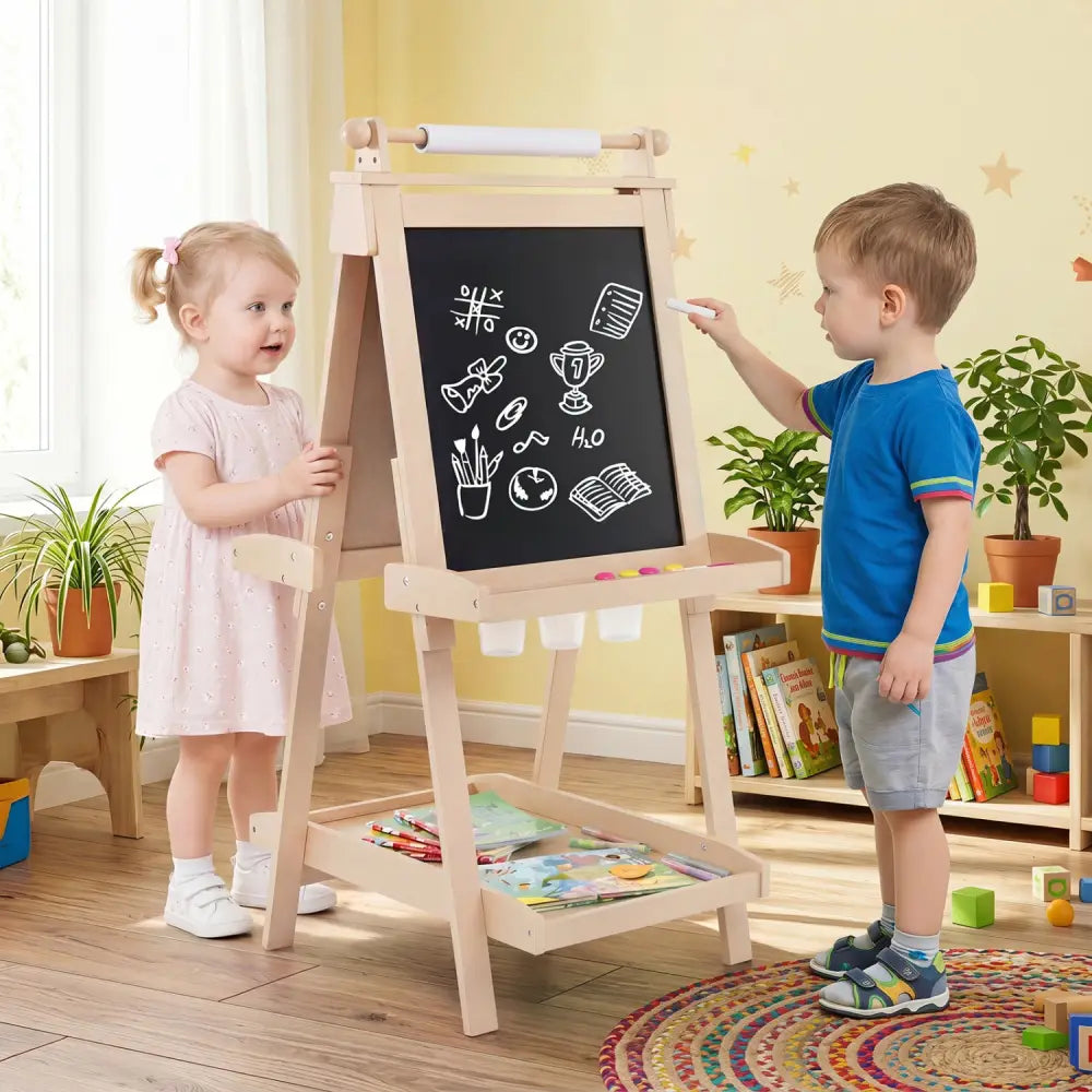 3-in-1 Double-sided Art Easel with Chalkboard and Magnetic Whiteboard-Natrual - Natural - Art Easels