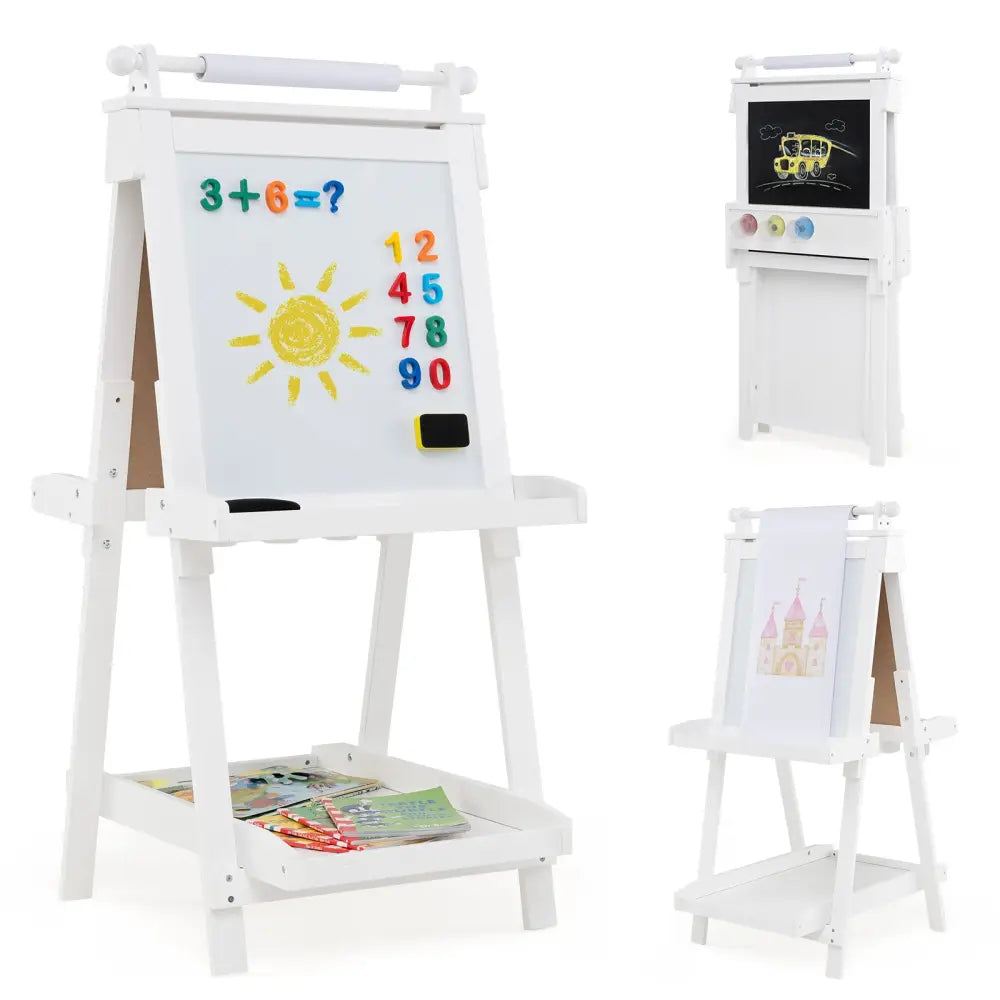 3-in-1 Double-sided Art Easel with Chalkboard and Magnetic Whiteboard-White - White - Art Easels