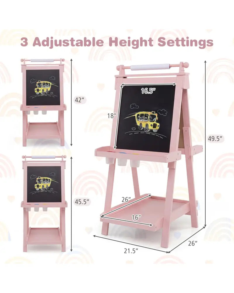 3-in-1 Double-sided Art Easel with Chalkboard and Magnetic Whiteboard-Pink - Pink - Art Easels