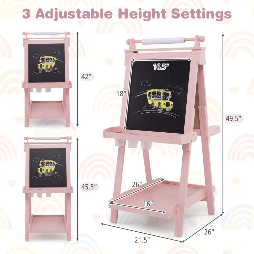 3-in-1 Double-sided Art Easel with Chalkboard and Magnetic Whiteboard-Pink - Pink - Art Easels