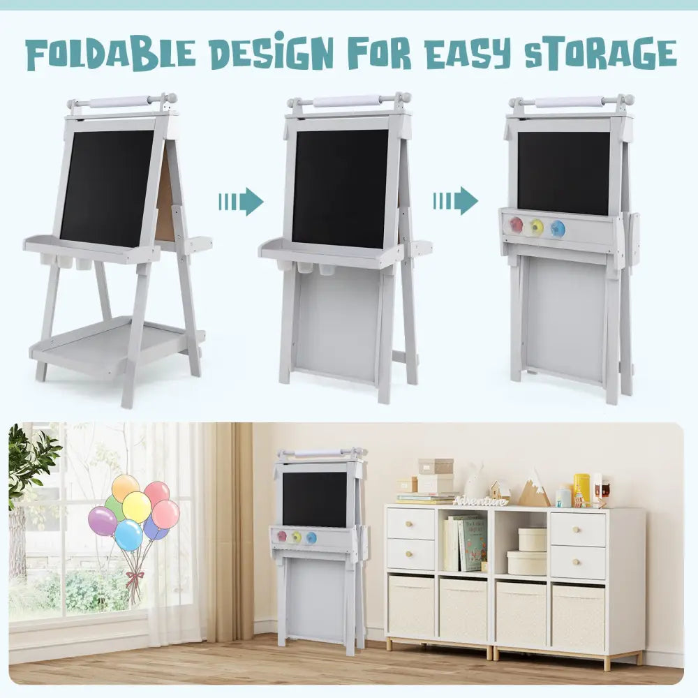 3-in-1 Double-sided Art Easel with Chalkboard and Magnetic Whiteboard-Gray - Gray - Art Easels