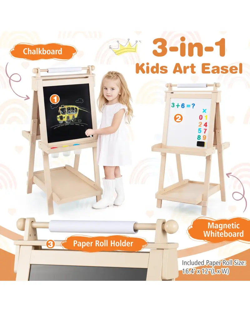 3-in-1 Double-sided Art Easel with Chalkboard and Magnetic Whiteboard-Natrual - Natural - Art Easels