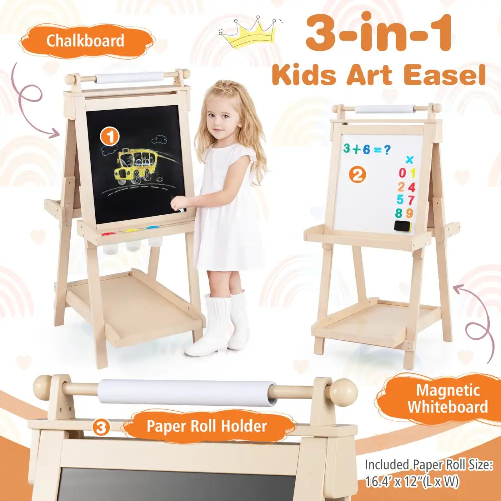 3-in-1 Double-sided Art Easel with Chalkboard and Magnetic Whiteboard-Natrual - Natural - Art Easels