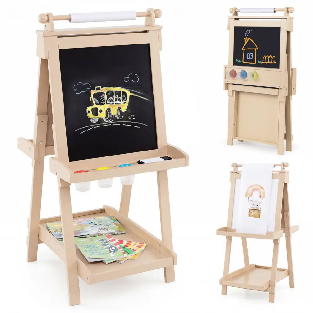 3-in-1 Double-sided Art Easel with Chalkboard and Magnetic Whiteboard-Natrual - Natural - Art Easels
