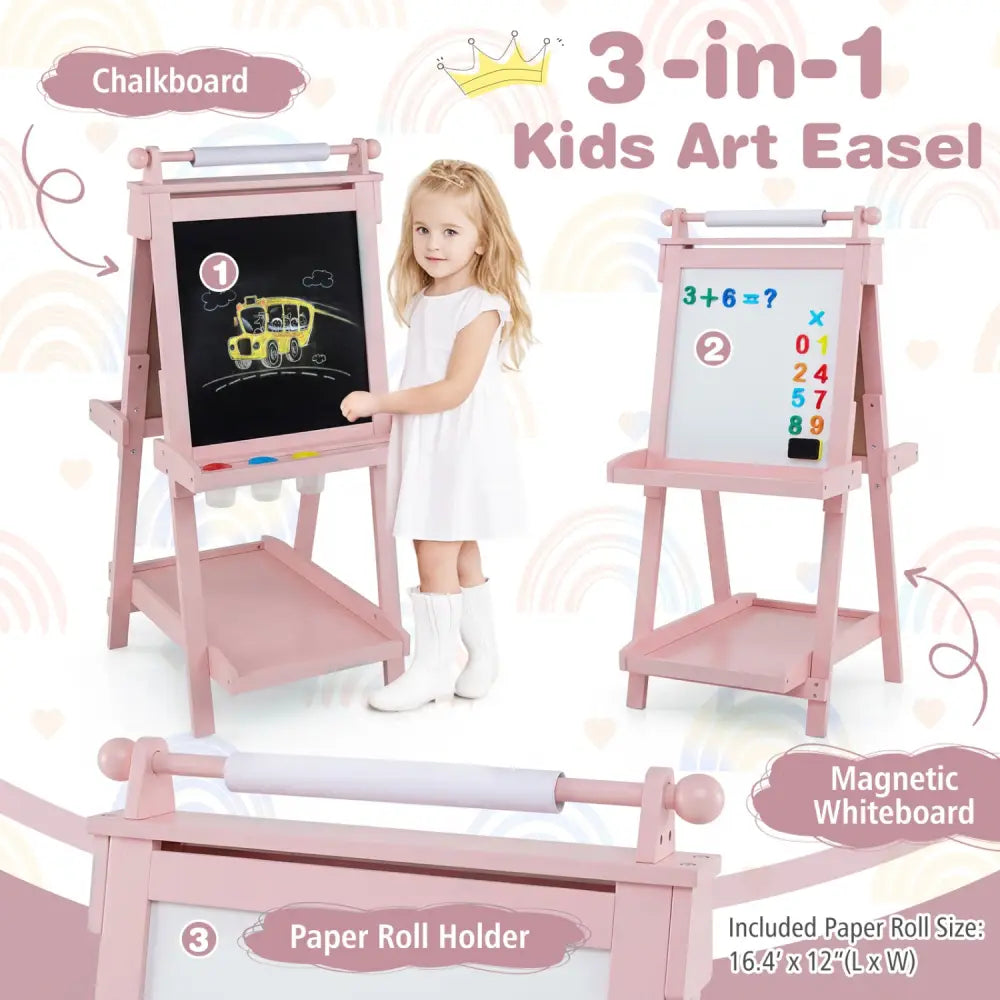 3-in-1 Double-sided Art Easel with Chalkboard and Magnetic Whiteboard-Pink - Pink - Art Easels