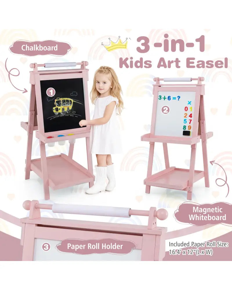 3-in-1 Double-sided Art Easel with Chalkboard and Magnetic Whiteboard-Pink - Pink - Art Easels
