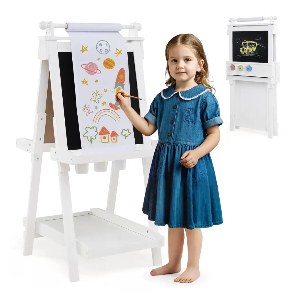 3-in-1 Double-sided Art Easel with Chalkboard and Magnetic Whiteboard-White - White - Art Easels