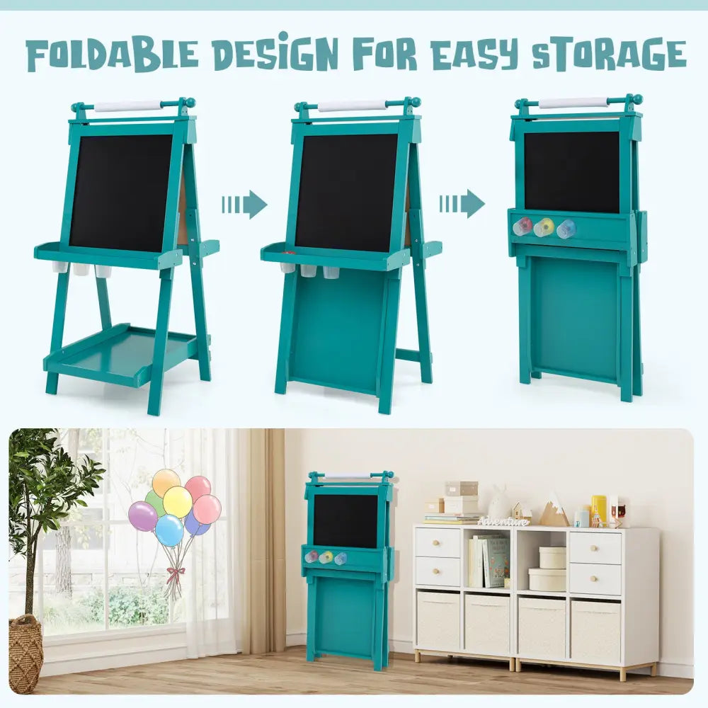 3-in-1 Double-sided Art Easel with Chalkboard and Magnetic Whiteboard-Green - Green - Art Easels