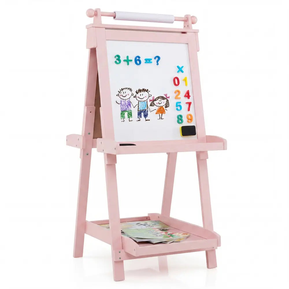3-in-1 Double-sided Art Easel with Chalkboard and Magnetic Whiteboard-Pink - Pink - Art Easels