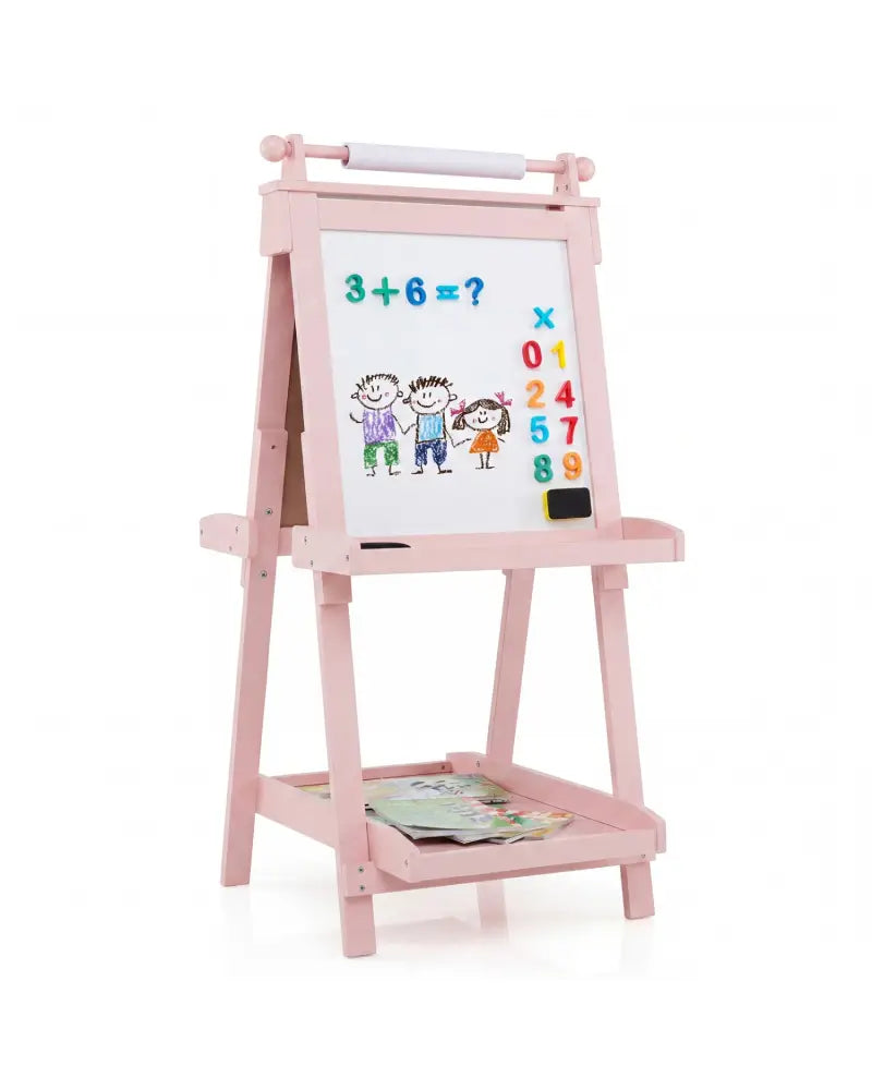 3-in-1 Double-sided Art Easel with Chalkboard and Magnetic Whiteboard-Pink - Pink - Art Easels