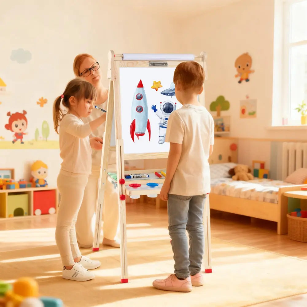 3-in-1 Double-Sided Folding Wooden Kids Art Easel with Paper Roll - Art Easels