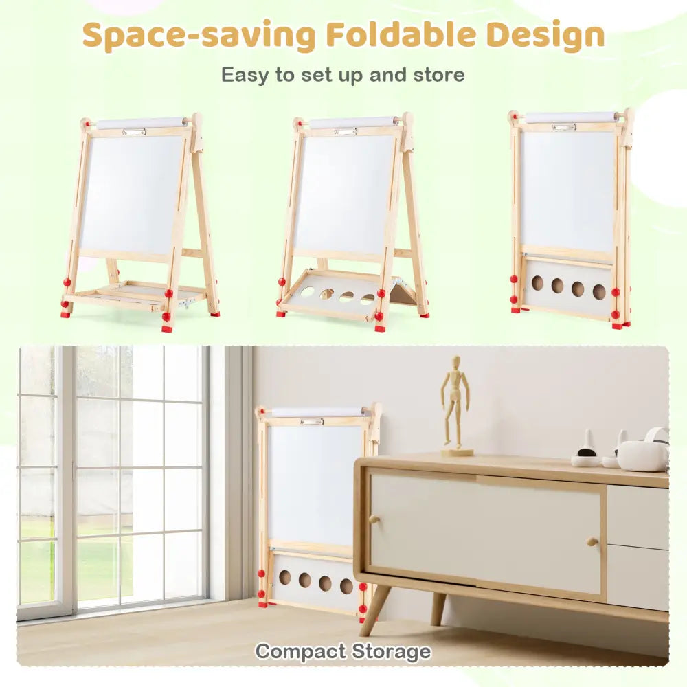 3-in-1 Double-Sided Folding Wooden Kids Art Easel with Paper Roll - Art Easels