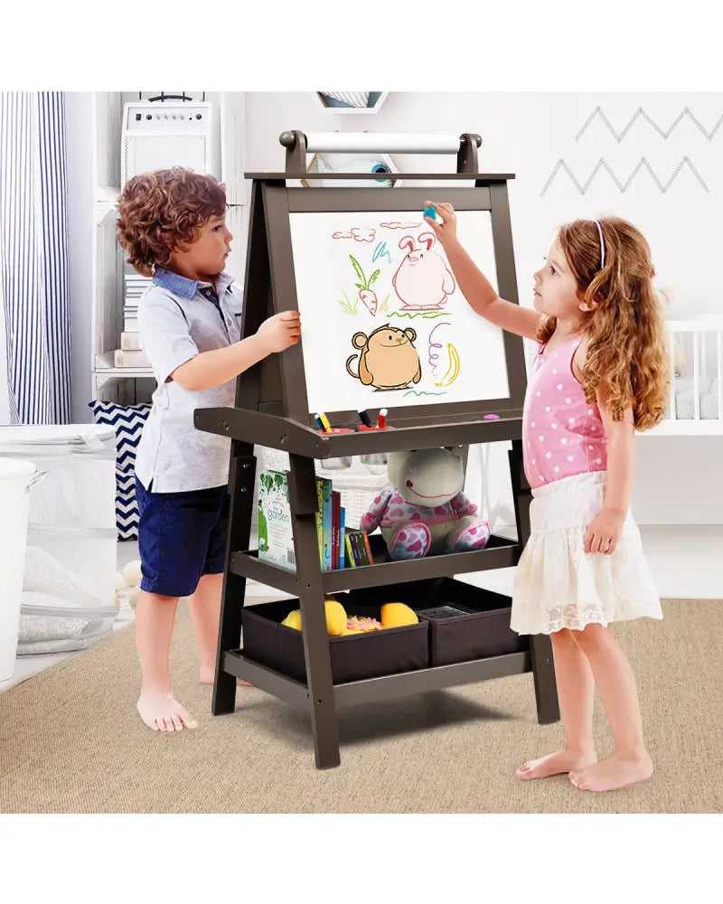 3 in 1 Double-Sided Storage Art Easel-Brown - Brown - Art Easels