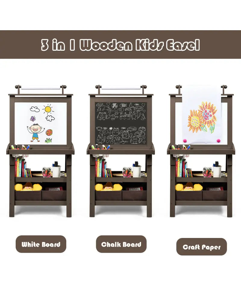 3 in 1 Double-Sided Storage Art Easel-Brown - Brown - Art Easels