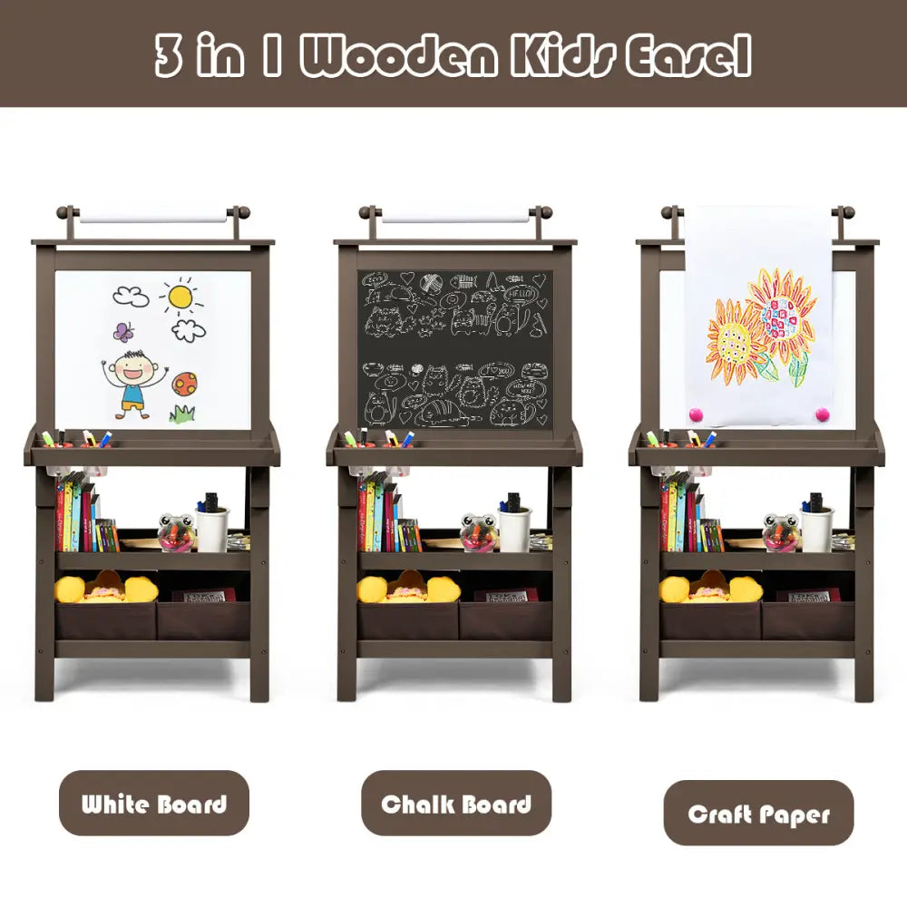 3 in 1 Double-Sided Storage Art Easel-Brown - Brown - Art Easels