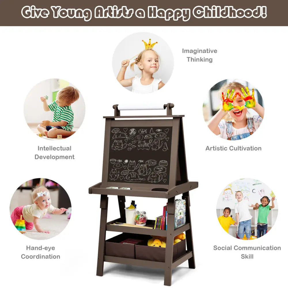 3 in 1 Double-Sided Storage Art Easel-Brown - Brown - Art Easels