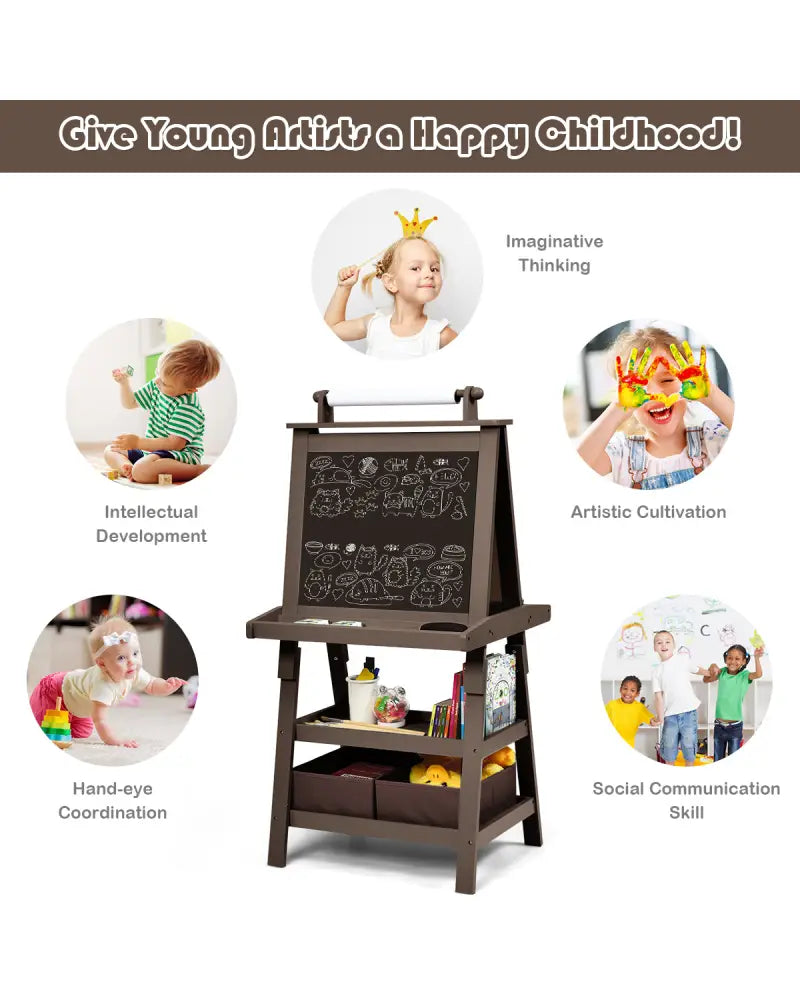 3 in 1 Double-Sided Storage Art Easel-Brown - Brown - Art Easels