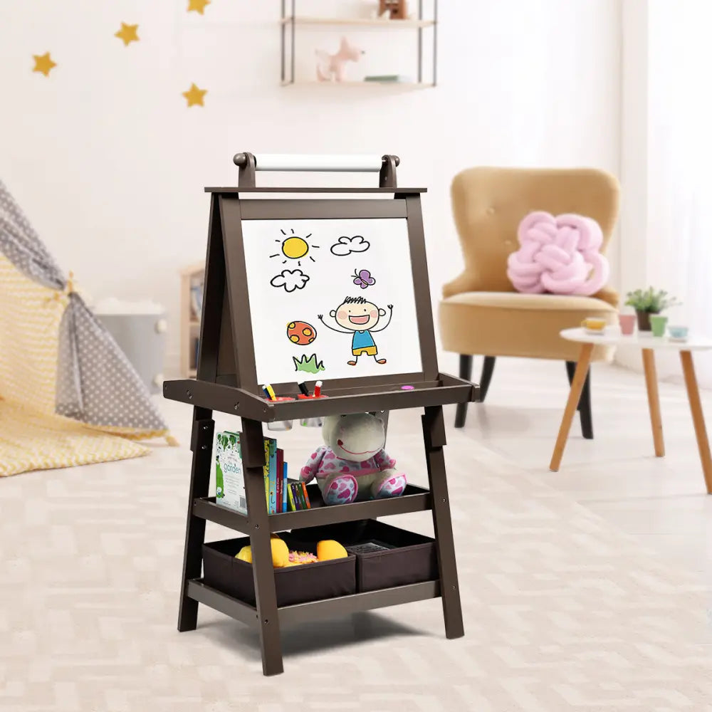 3 in 1 Double-Sided Storage Art Easel-Brown - Brown - Art Easels