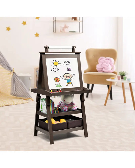 3 in 1 Double-Sided Storage Art Easel-Brown - Brown - Art Easels