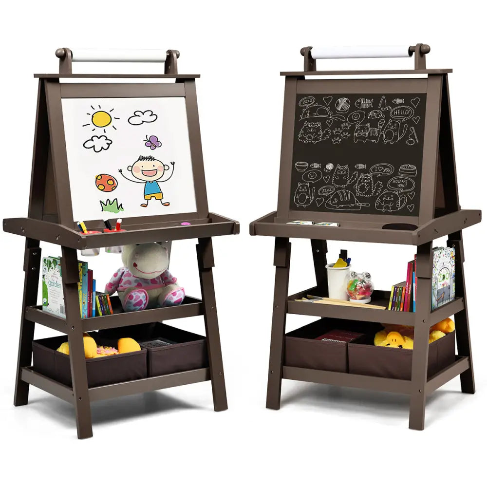 3 in 1 Double-Sided Storage Art Easel-Brown - Brown - Art Easels
