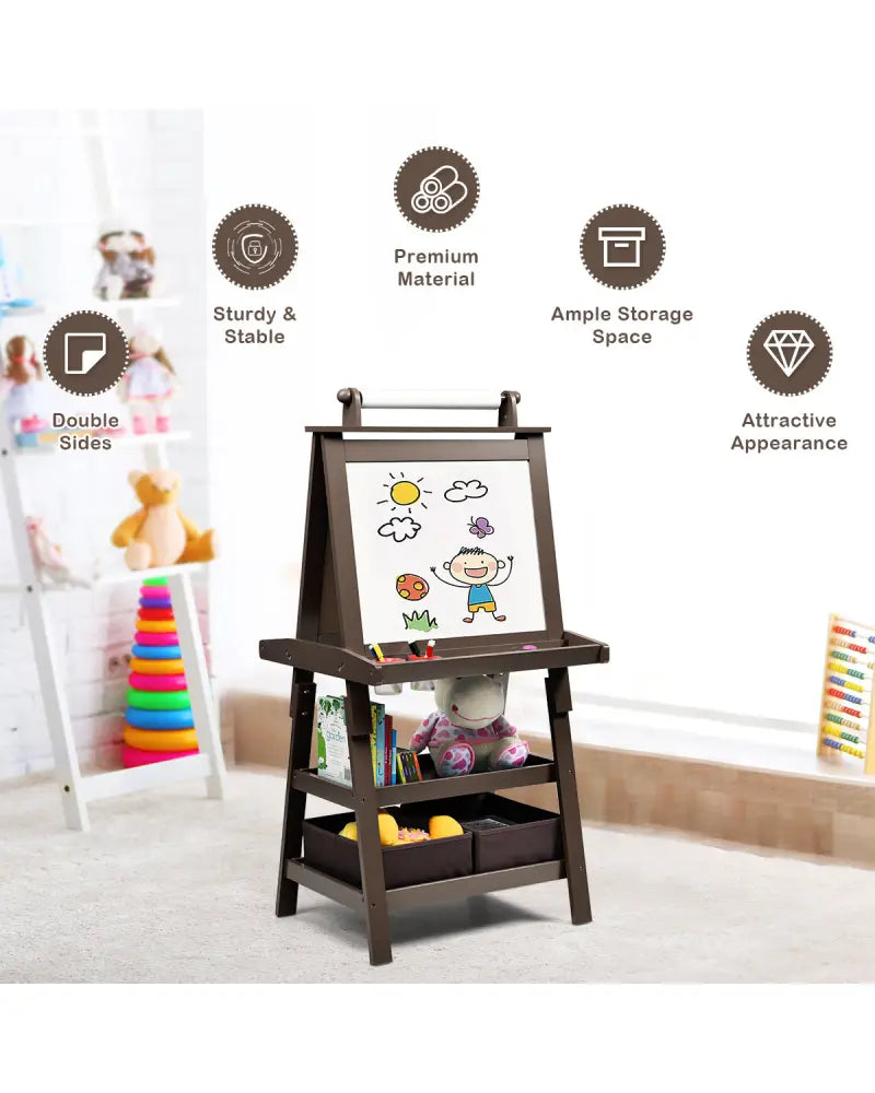 3 in 1 Double-Sided Storage Art Easel-Brown - Brown - Art Easels