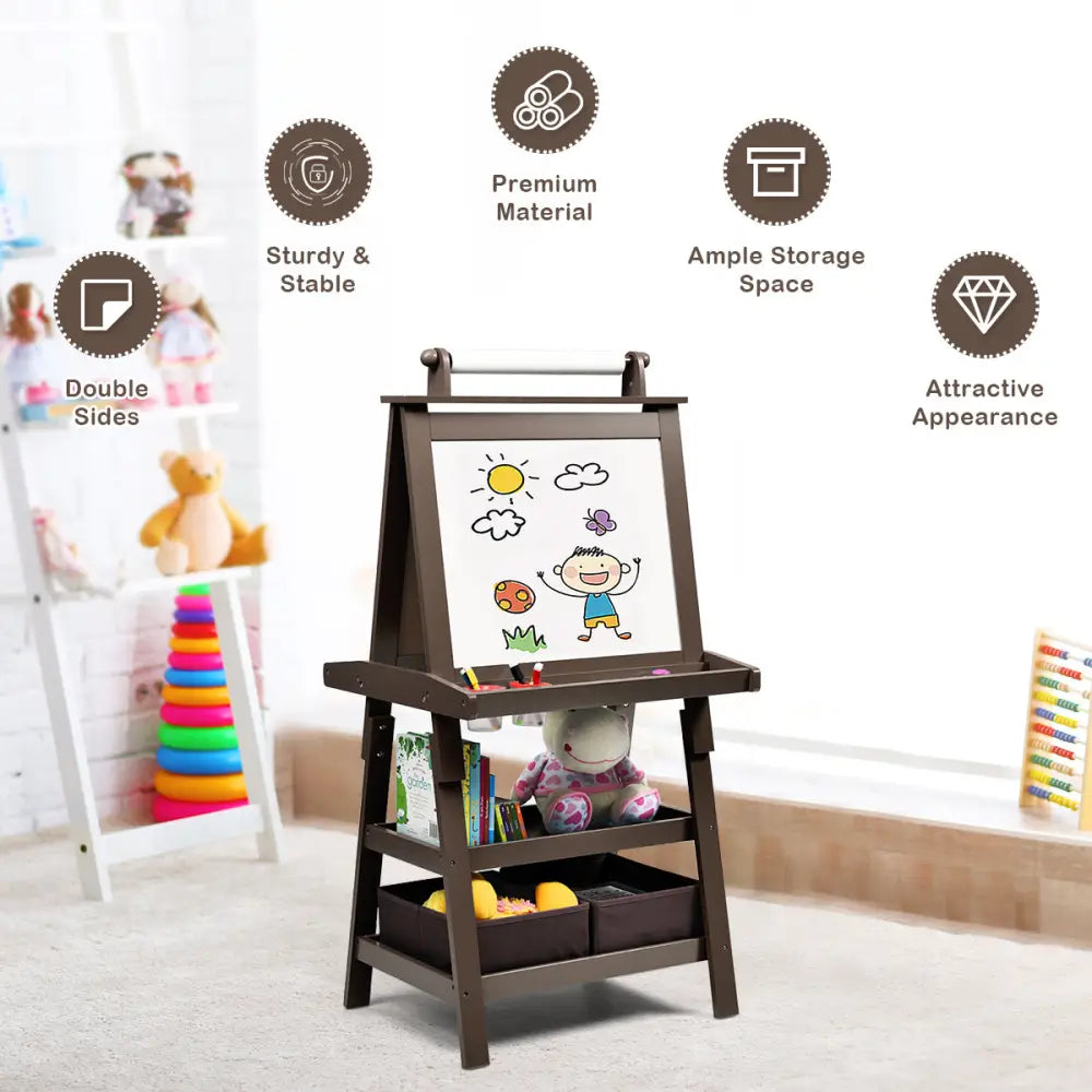 3 in 1 Double-Sided Storage Art Easel-Brown - Brown - Art Easels