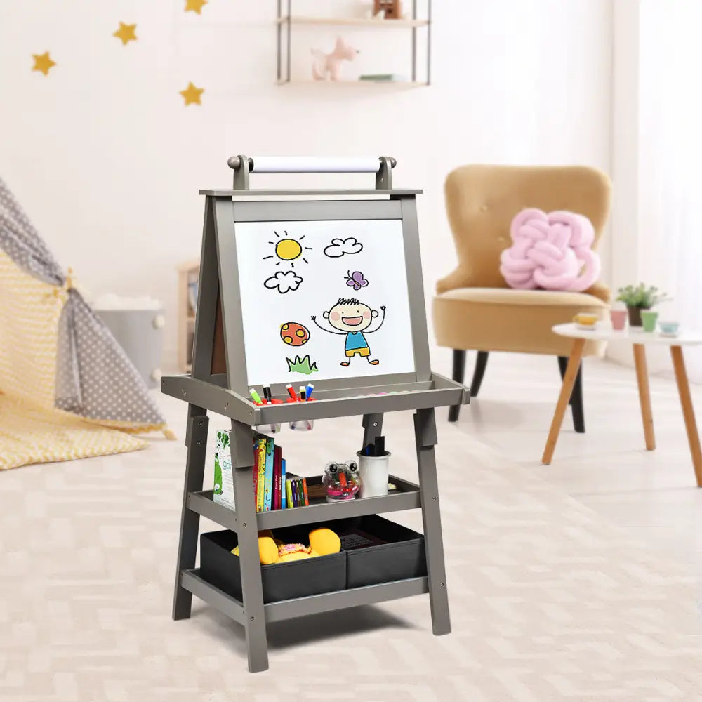 3 in 1 Double-Sided Storage Art Easel-Gray - Gray - Art Easels