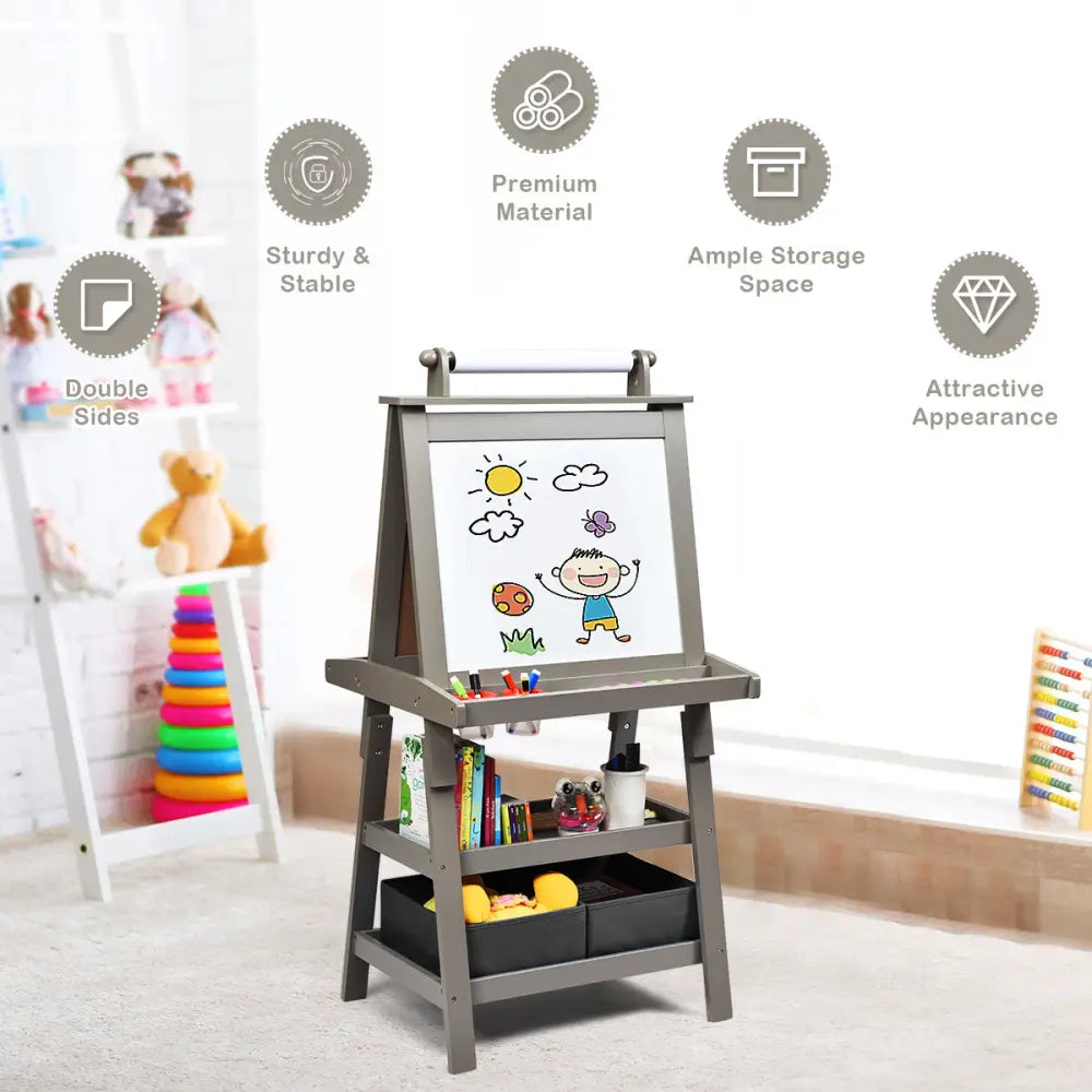 3 in 1 Double-Sided Storage Art Easel-Gray - Gray - Art Easels