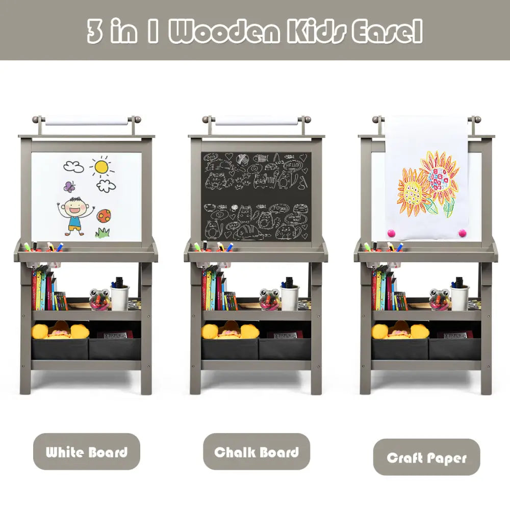 3 in 1 Double-Sided Storage Art Easel-Gray - Gray - Art Easels