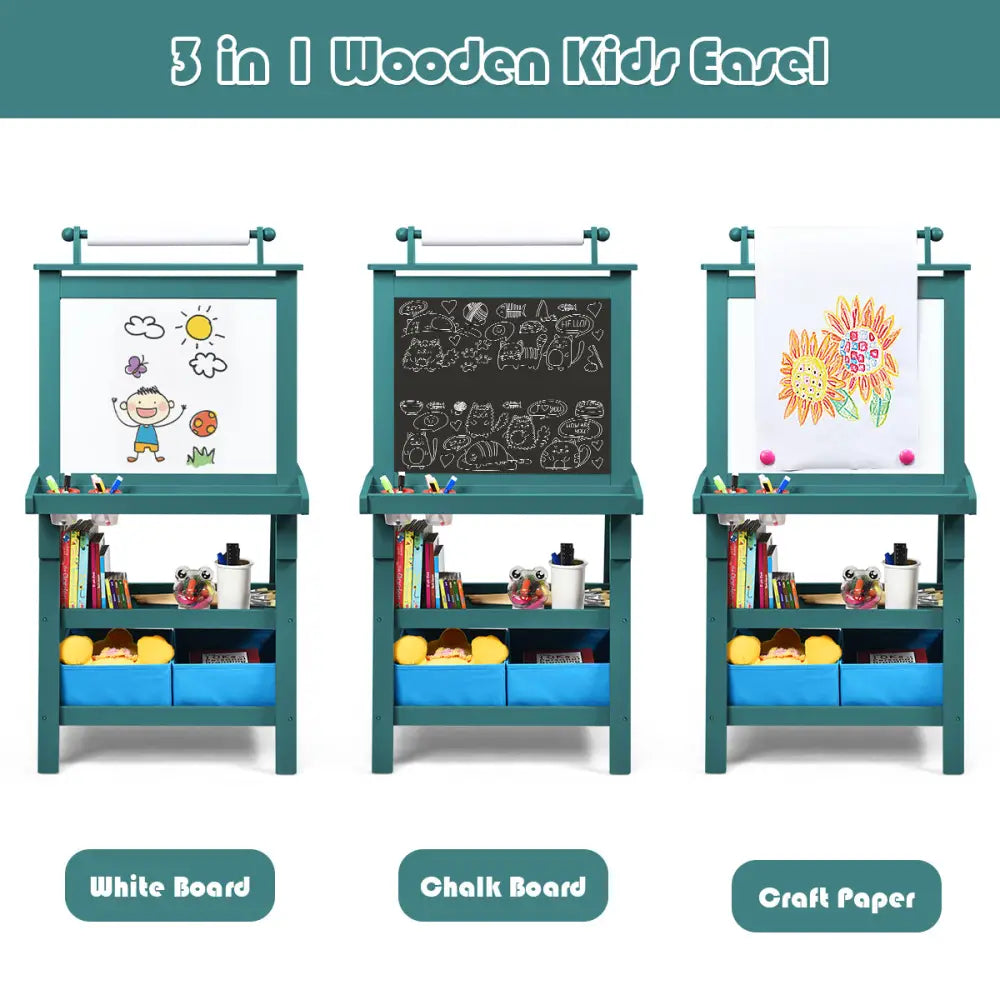 3 in 1 Double-Sided Storage Art Easel-Green - Green - Art Easels