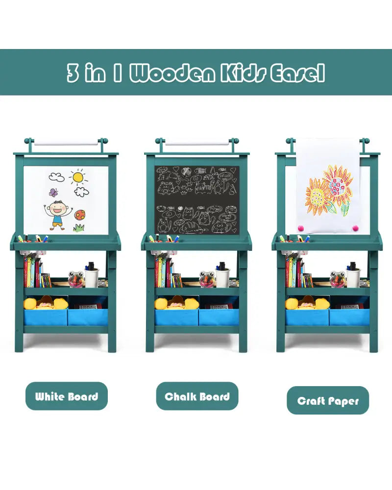 3 in 1 Double-Sided Storage Art Easel-Green - Green - Art Easels
