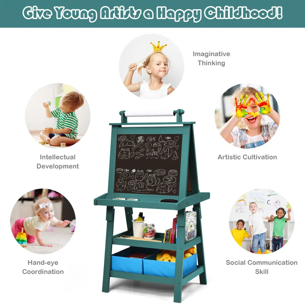 3 in 1 Double-Sided Storage Art Easel-Green - Green - Art Easels