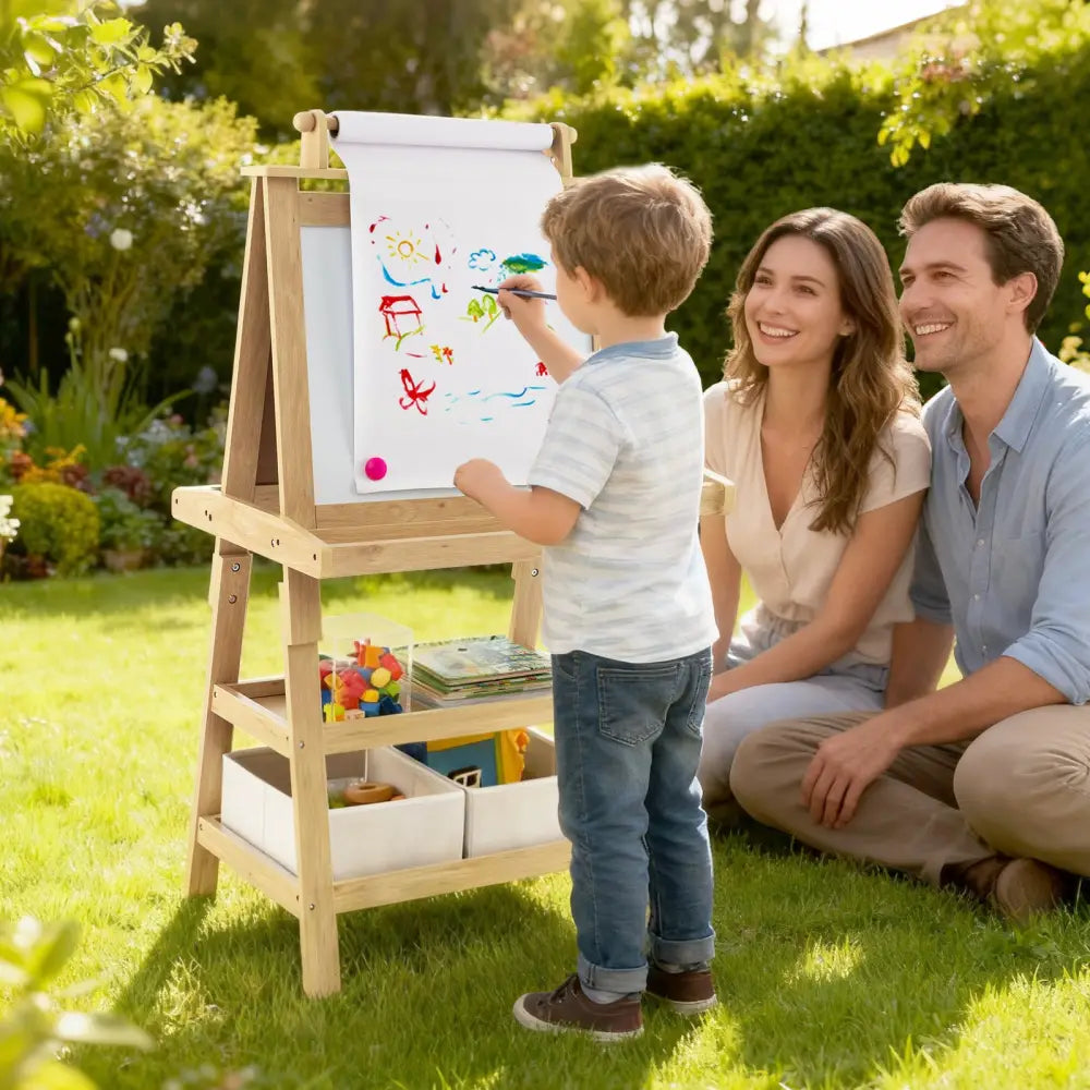 3-in-1 Double-Sided Storage Art Easel-Natural - Natural - Art Easels