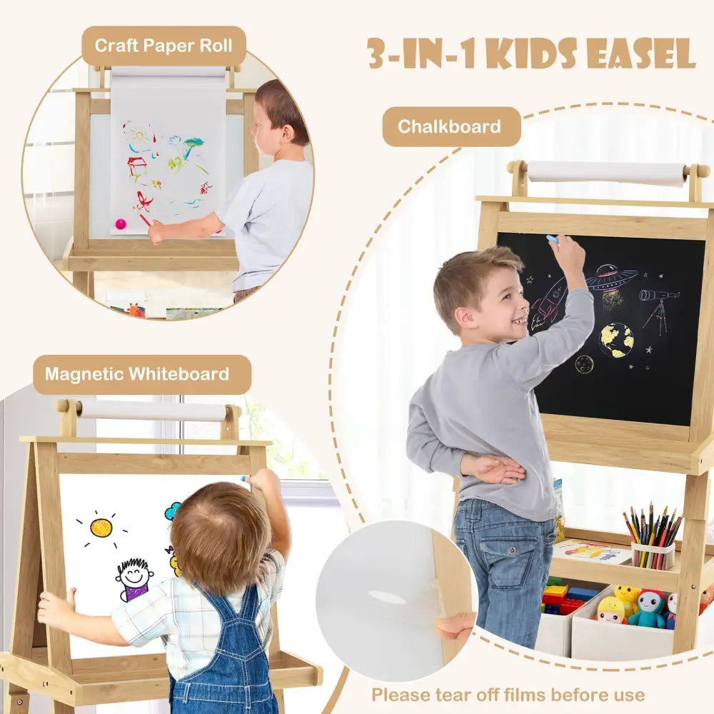 3-in-1 Double-Sided Storage Art Easel-Natural - Natural - Art Easels