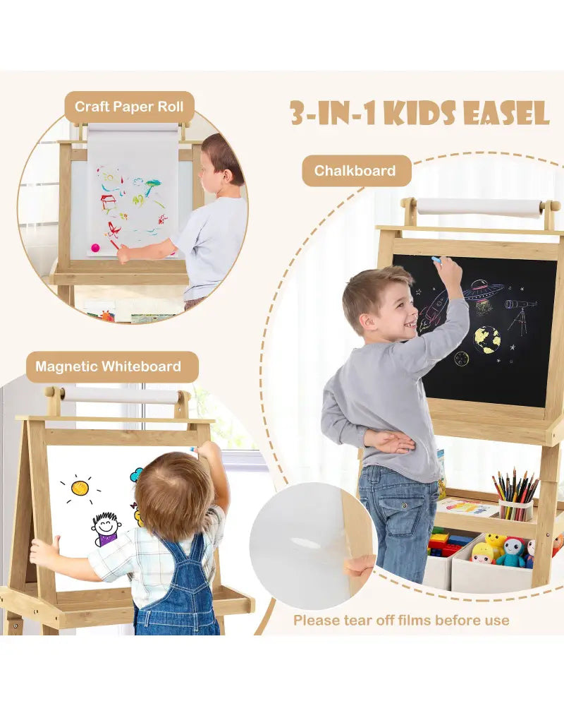 3-in-1 Double-Sided Storage Art Easel-Natural - Natural - Art Easels
