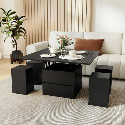 3-in-1 Expandable Lift Top Coffee Table with 4 Storage Stools and Hidden Compartment for 4-8 People-Black Costway