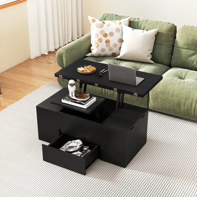 3-in-1 Expandable Lift Top Coffee Table with 4 Storage Stools and Hidden Compartment for 4-8 People-Black Costway