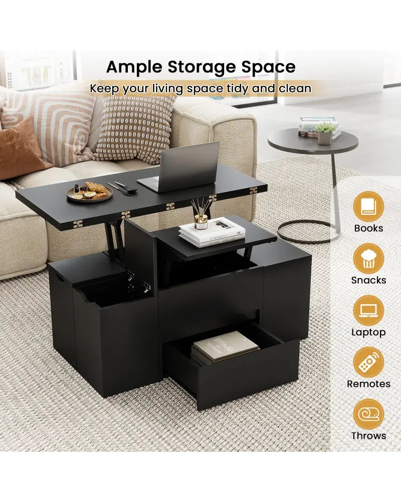 3-in-1 Expandable Lift Top Coffee Table with 4 Storage Stools and Hidden Compartment for 4-8 People-Black - Black