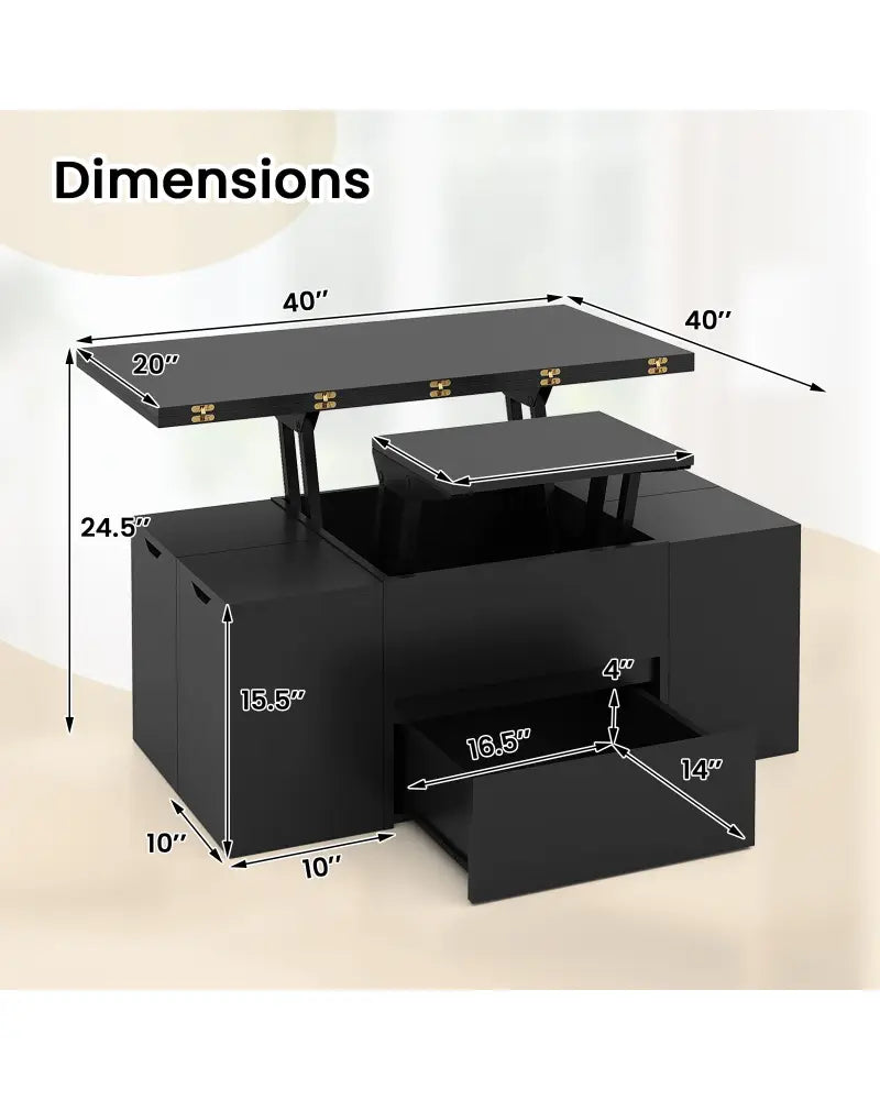 3-in-1 Expandable Lift Top Coffee Table with 4 Storage Stools and Hidden Compartment for 4-8 People-Black - Black