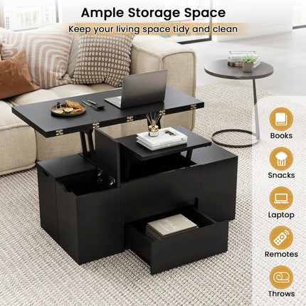 3-in-1 Expandable Lift Top Coffee Table with 4 Storage Stools and Hidden Compartment for 4-8 People-Black Costway