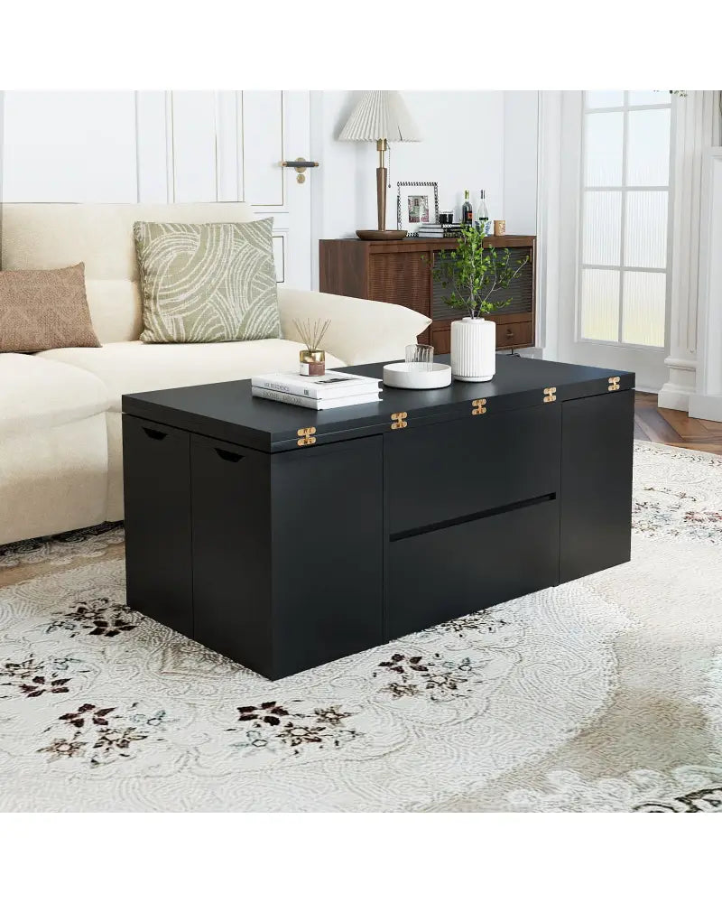 3-in-1 Expandable Lift Top Coffee Table with 4 Storage Stools and Hidden Compartment for 4-8 People-Black - Black