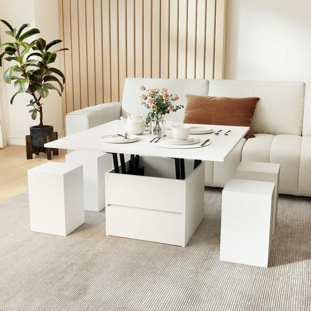 3-in-1 Expandable Lift Top Coffee Table with 4 Storage Stools and Hidden Compartment for 4-8 People-White - White