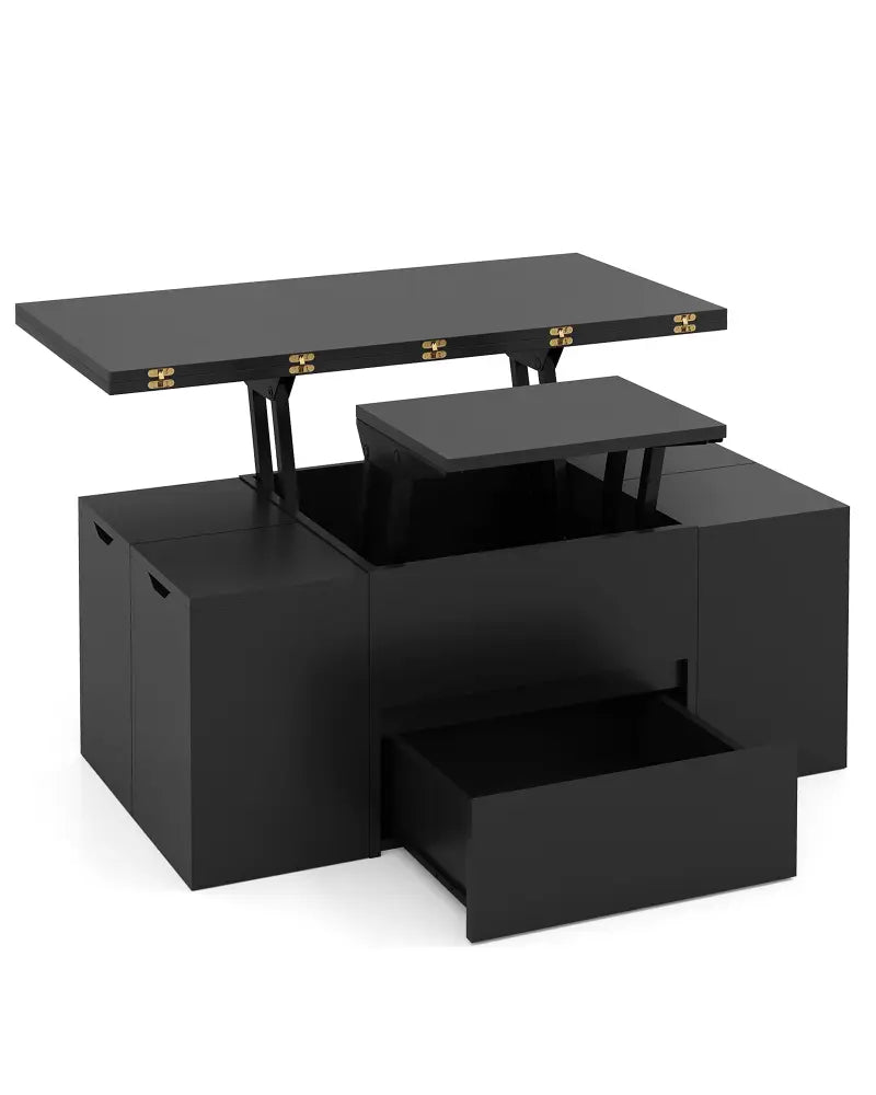 3-in-1 Expandable Lift Top Coffee Table with 4 Storage Stools and Hidden Compartment for 4-8 People-Black - Black