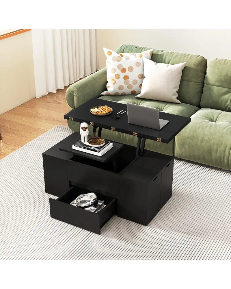 3-in-1 Expandable Lift Top Coffee Table with 4 Storage Stools and Hidden Compartment for 4-8 People-Black - Black